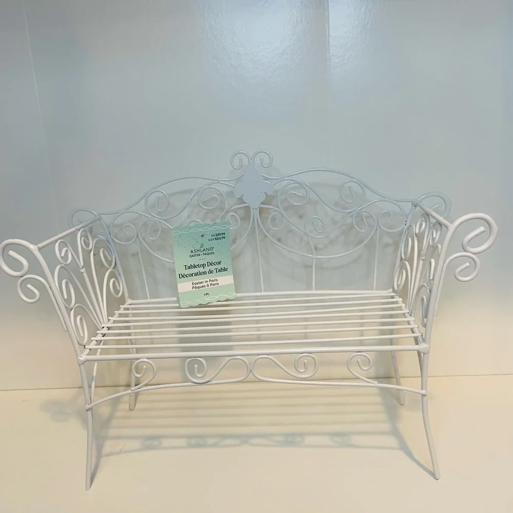 White Metal Scrollwork Bench, Home Decor, Spring Tabletop decor